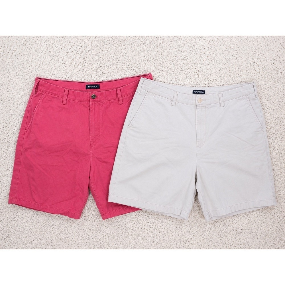 Nautica Chino Shorts Mens 38 Red Gray 100% Cotton Twill Bundle 2pk